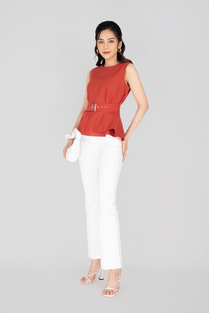 FAS33227 - Áo sơ mi công sở vải linen dáng suông kèm đai tạo kiểu peplum bên hông - PANTIO