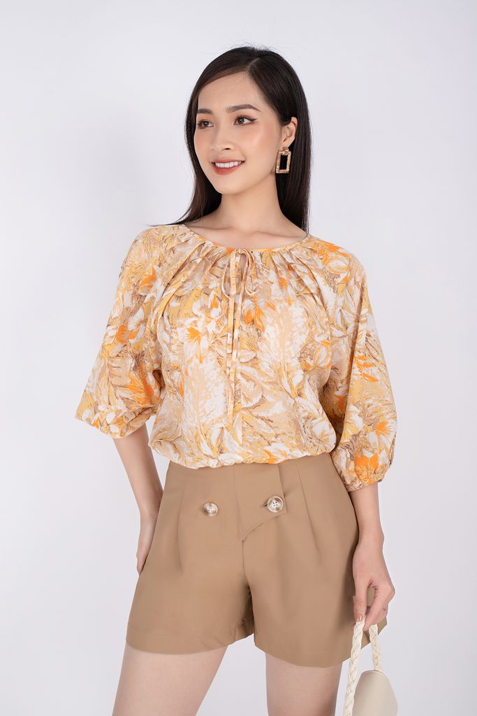 FAS33249 Áo sơ mi công sở vải lụa dáng croptop bo chun tay lỡ cánh rơi - PANTIO