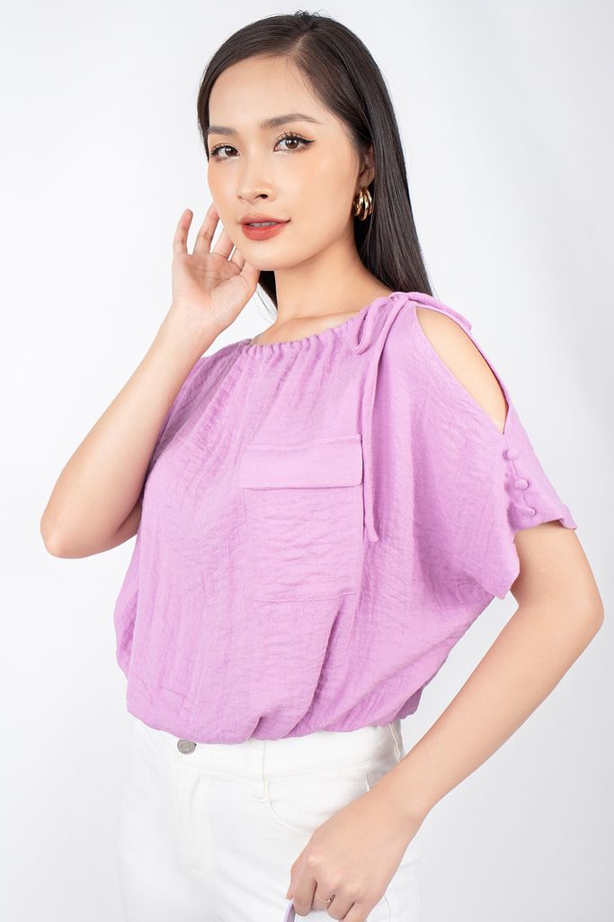 FAS33263 - Áo kiểu dạo phố vải thô đũi dáng croptop cạp chun cổ thuyền rút nhún ốp túi ngực - PANTIO