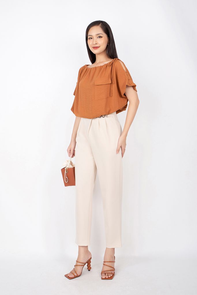 FAS33263 - Áo kiểu dạo phố vải thô đũi dáng croptop cạp chun cổ thuyền rút nhún ốp túi ngực - PANTIO