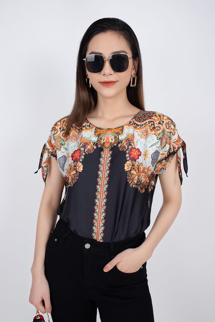 FAS33295 - Áo sơ mi công sở vải lụa dáng croptop bo chun tay tạo kiểu buộc nơ - PANTIO