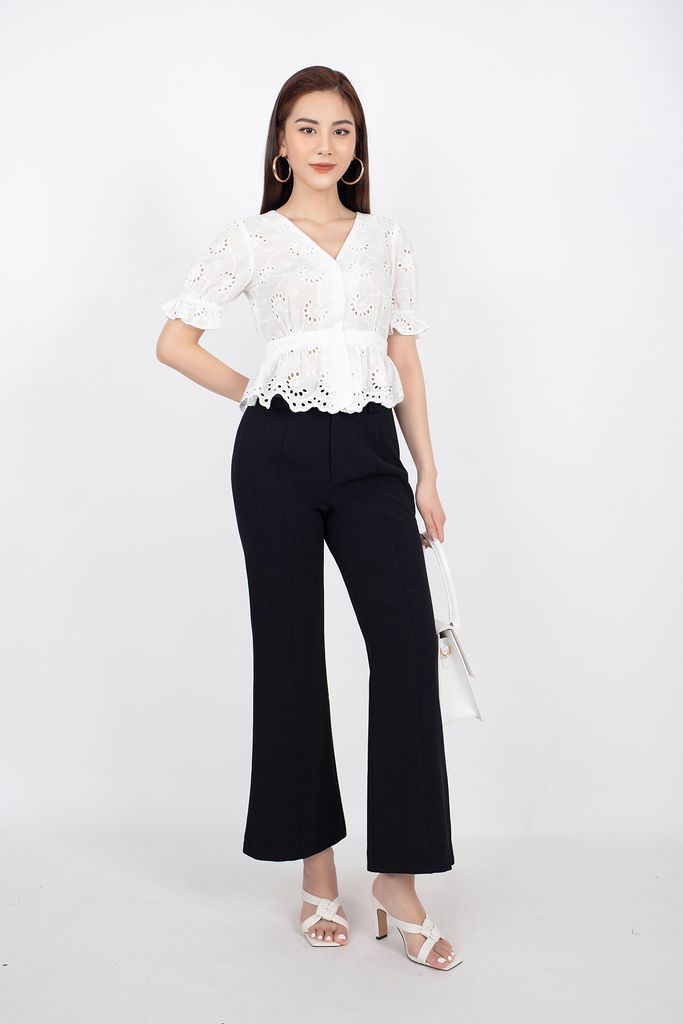 FAS33307 - Áo kiểu vải thô ren dáng peplum cổ V cài cúc tay bo chun tạo kiểu - PANTIO