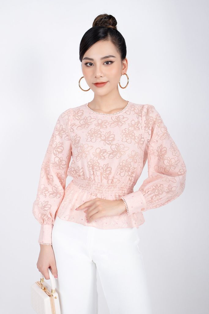 FAS33308 - Áo kiểu công sở vải thô dáng peplum bo chun eo tay bồng phối ren cửa tay - PANTIO