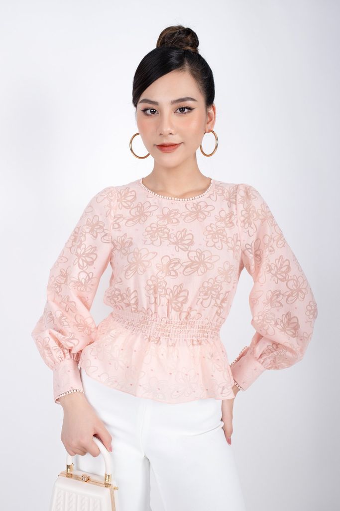 FAS33308 - Áo kiểu công sở vải thô dáng peplum bo chun eo tay bồng phối ren cửa tay - PANTIO