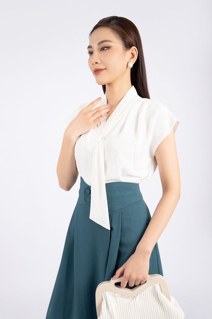 FJD3993 - Chân váy midi công sở vải thô dáng xòe cạp tạo kiểu đính cúc trang trí - PANTIO