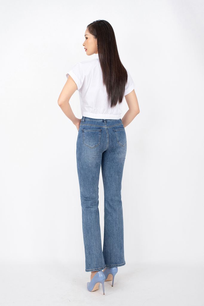 FQB126 - Quần jean dạo phố vải denim dáng loe ống quần tạo tua rua kèm dây thắt lưng ngọc trai - PANTIO