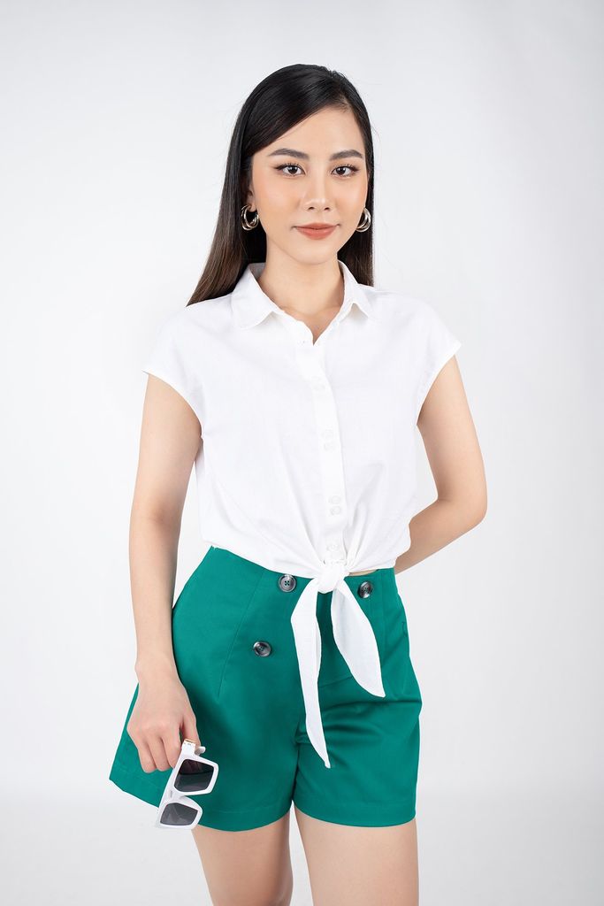 FAS33366 - Áo sơ mi dạo phố vải linen dáng croptop cổ đức vai chờm buộc eo - PANTIO