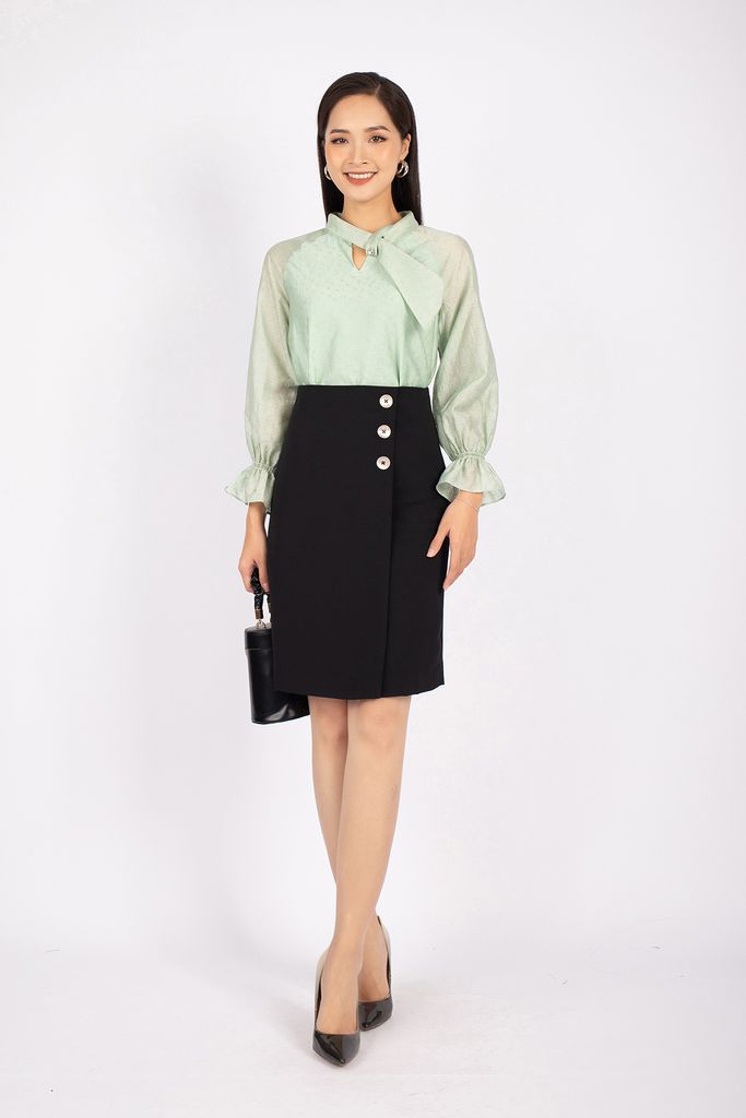 FJD5987 - Chân váy midi công sở vải thô dáng ôm nhẹ vạt lệch phối khuy trang trí - PANTIO
