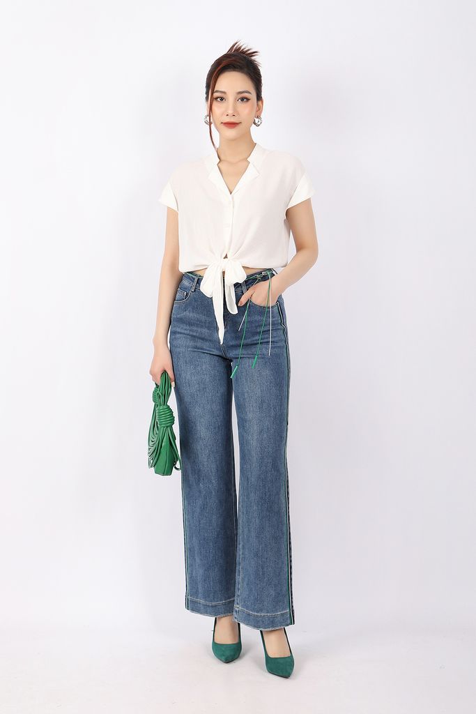 FAS33482 - Áo kiểu công sở vải thô lụa dáng croptop buộc nơ eo cổ kiểu vai chờm tay liền lên gấu - PANTIO