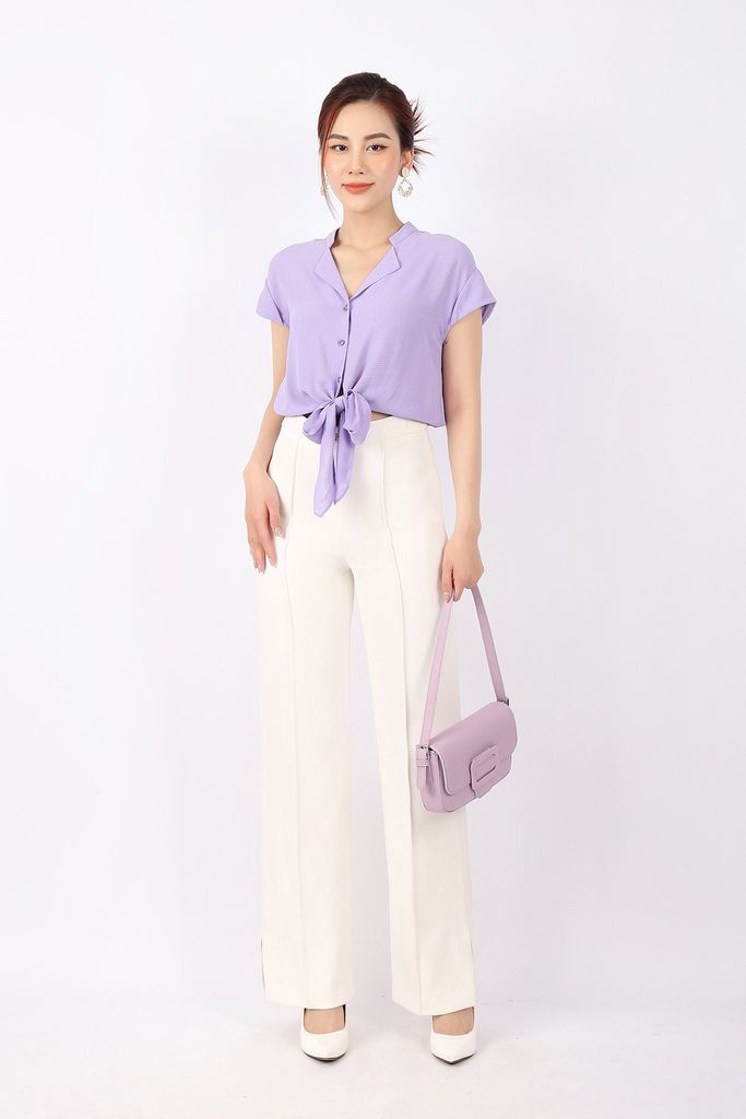 FAS33482 - Áo kiểu công sở vải thô lụa dáng croptop buộc nơ eo cổ kiểu vai chờm tay liền lên gấu - PANTIO