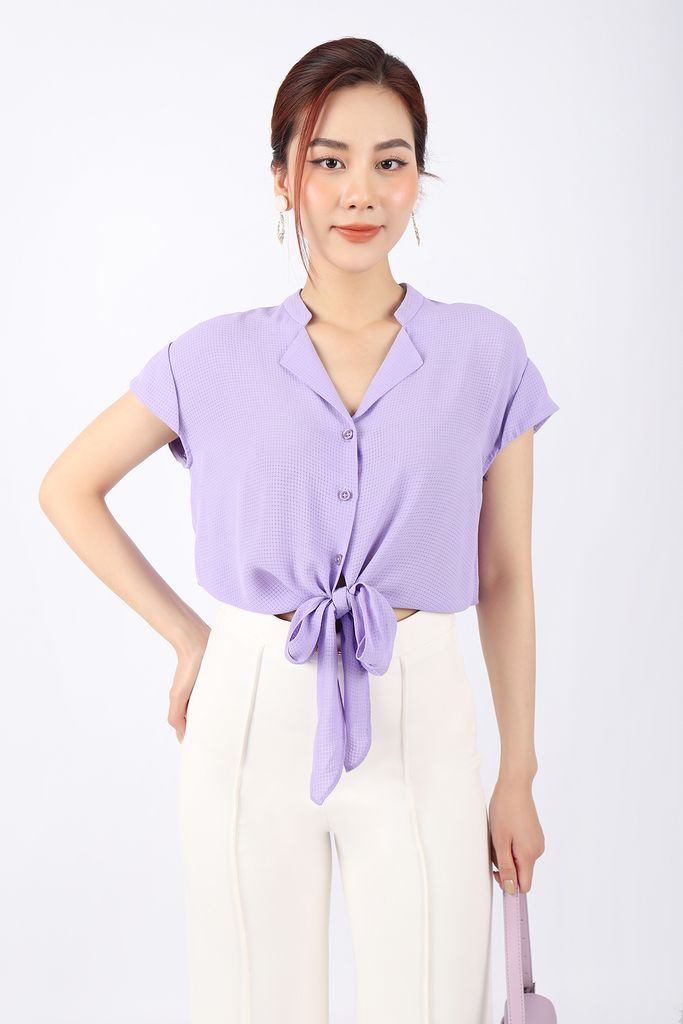 FAS33482 - Áo kiểu công sở vải thô lụa dáng croptop buộc nơ eo cổ kiểu vai chờm tay liền lên gấu - PANTIO