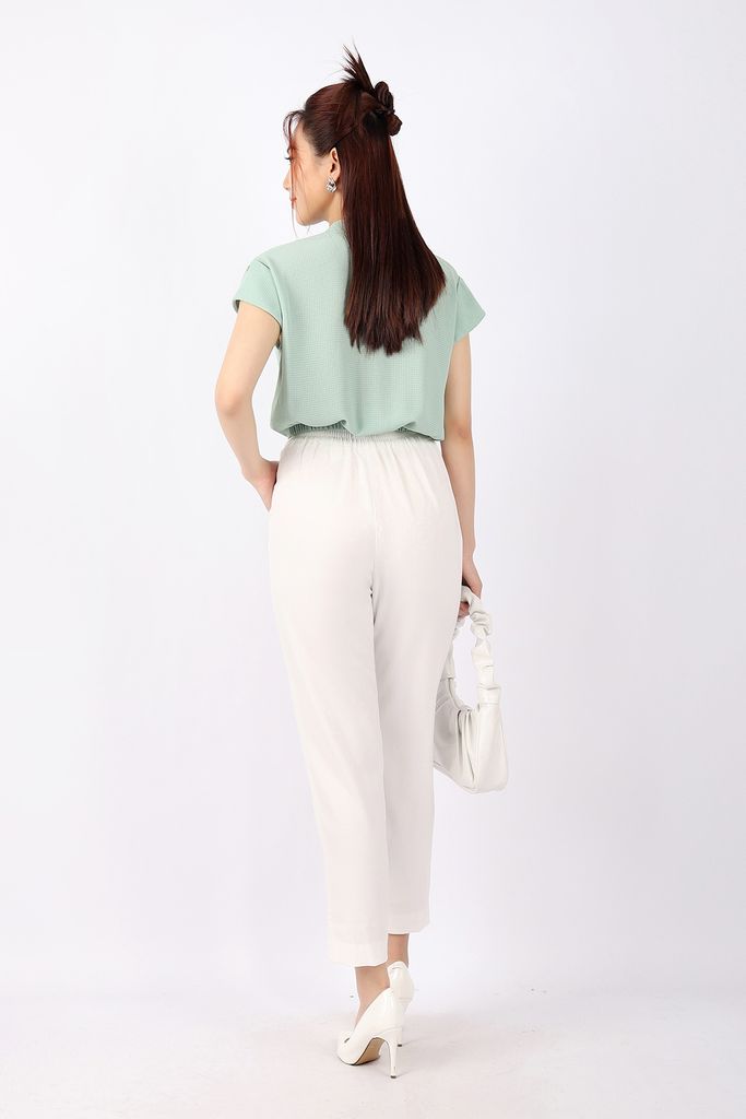 FAS33482 - Áo kiểu công sở vải thô lụa dáng croptop buộc nơ eo cổ kiểu vai chờm tay liền lên gấu - PANTIO