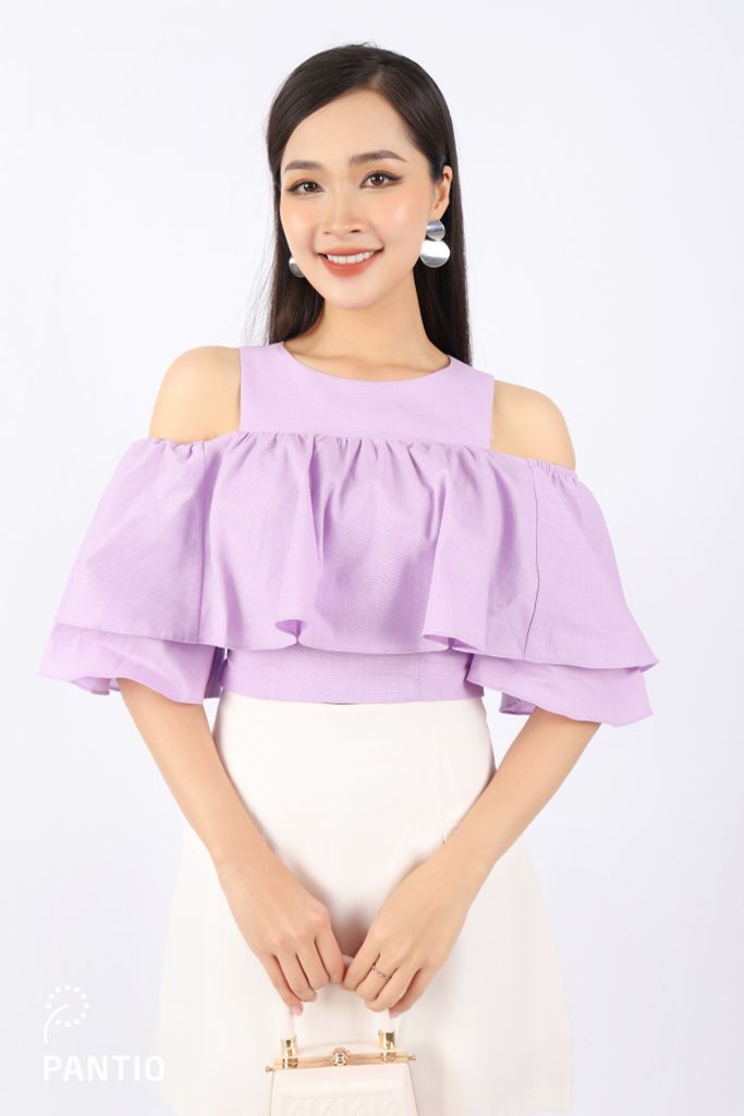 FAS33491 - Áo kiểu dạo phố vải linen dáng croptop vai cut- PANTIO