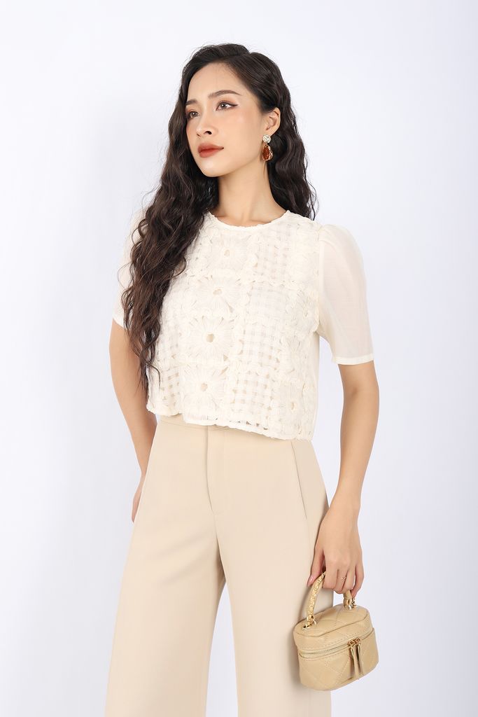 FAS33494 - Áo kiểu công sở vải tơ dáng croptop cổ tròn thân phối bèo nhún tạo kiểu - PANTIO