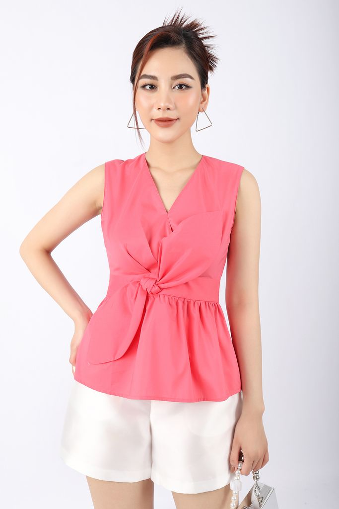 FAS33549 - Áo kiểu dạo phố vải thô dáng peplum cổ V thân ngực phối nơ 3D khóa thân sau - PANTIO