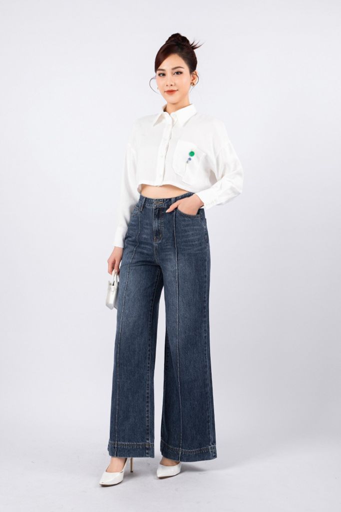 FAS33630 - Áo sơ mi dạo phố vải thô đũi dáng croptop cổ đức phối túi ngực đính cúc màu trang trí - PANTIO