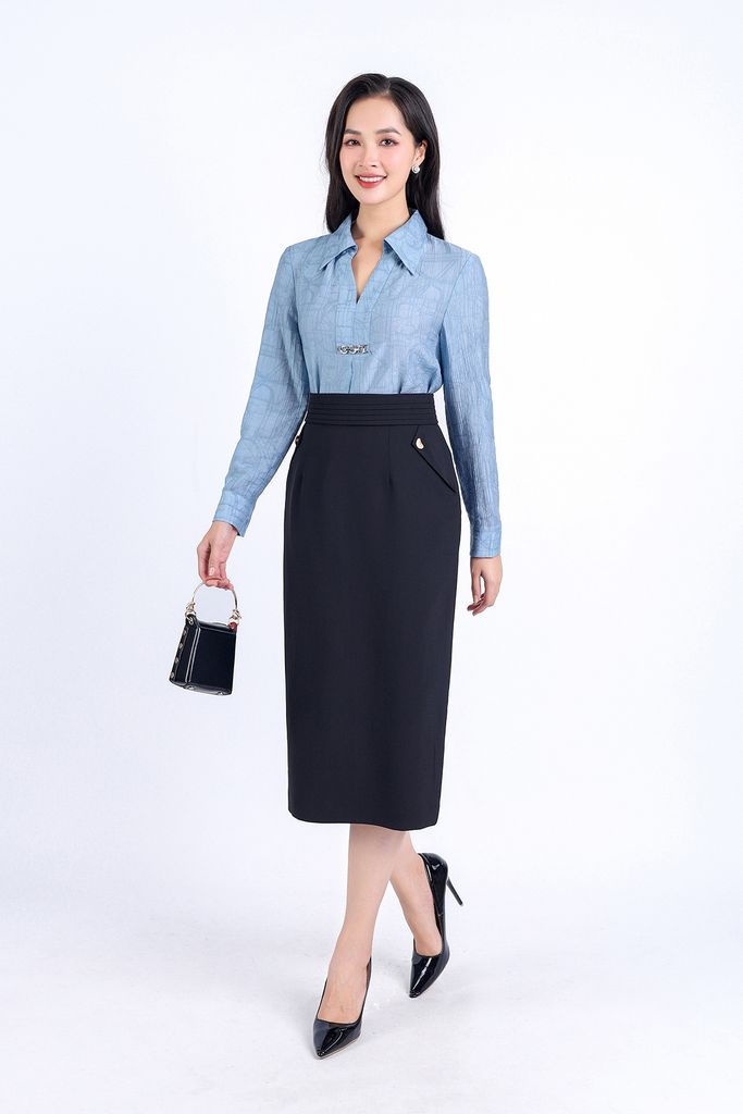 FJD31170 - Chân váy công sở vải tuyp xy mỏng hai lớp lót habutai dáng bút chì thân váy có túi tạo kiểu khoá thân sau - PANTIO