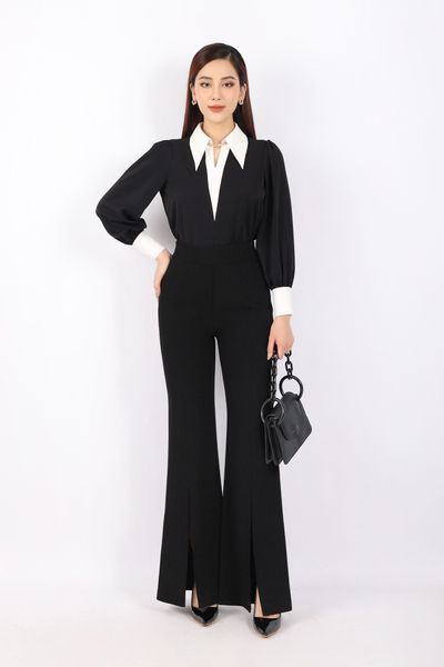 Kieu Trang FAS53574 - Áo kiểu công sở vải lụa dáng suông cổ đức xẻ V