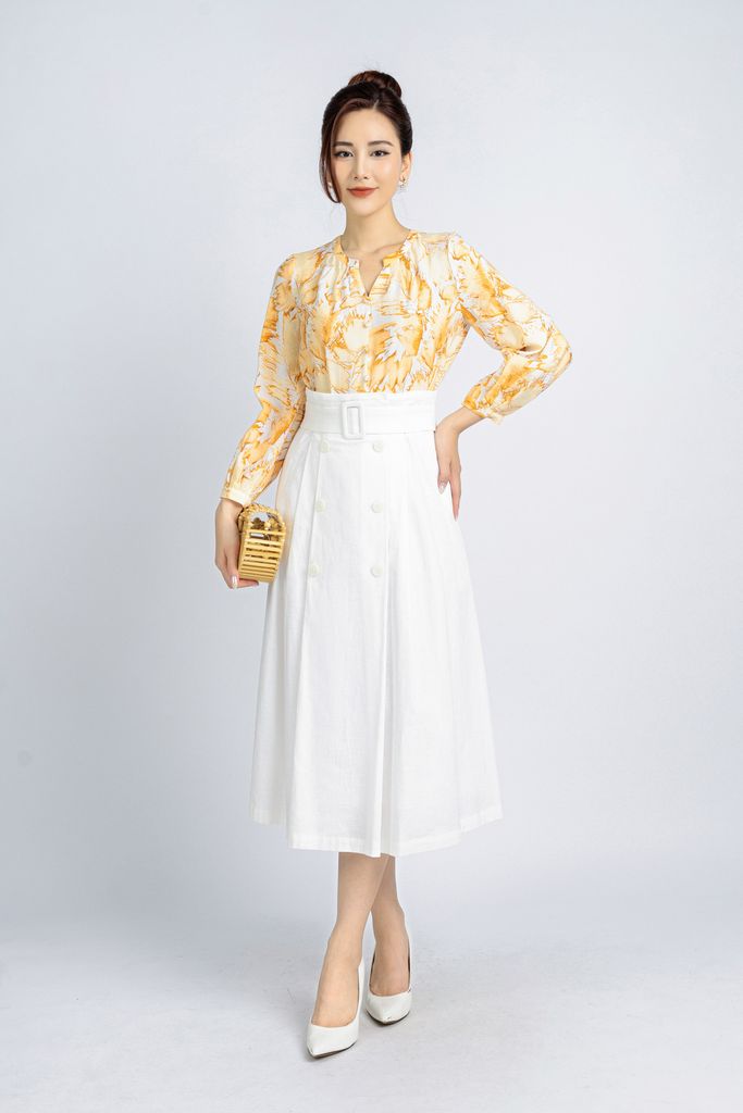 FJD31148 - Chân váy công sở vải linen dáng xoè có lót vải thô boi thân đính cúc trang trí khoá thân sau - PANTIO