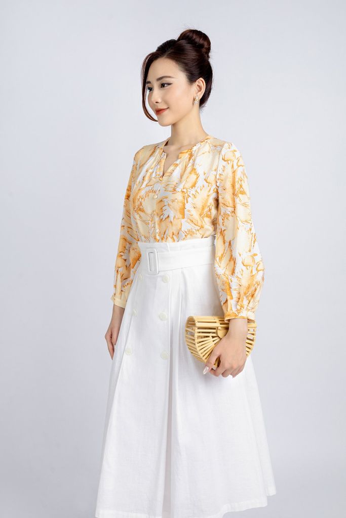 FJD31148 - Chân váy công sở vải linen dáng xoè có lót vải thô boi thân đính cúc trang trí khoá thân sau - PANTIO