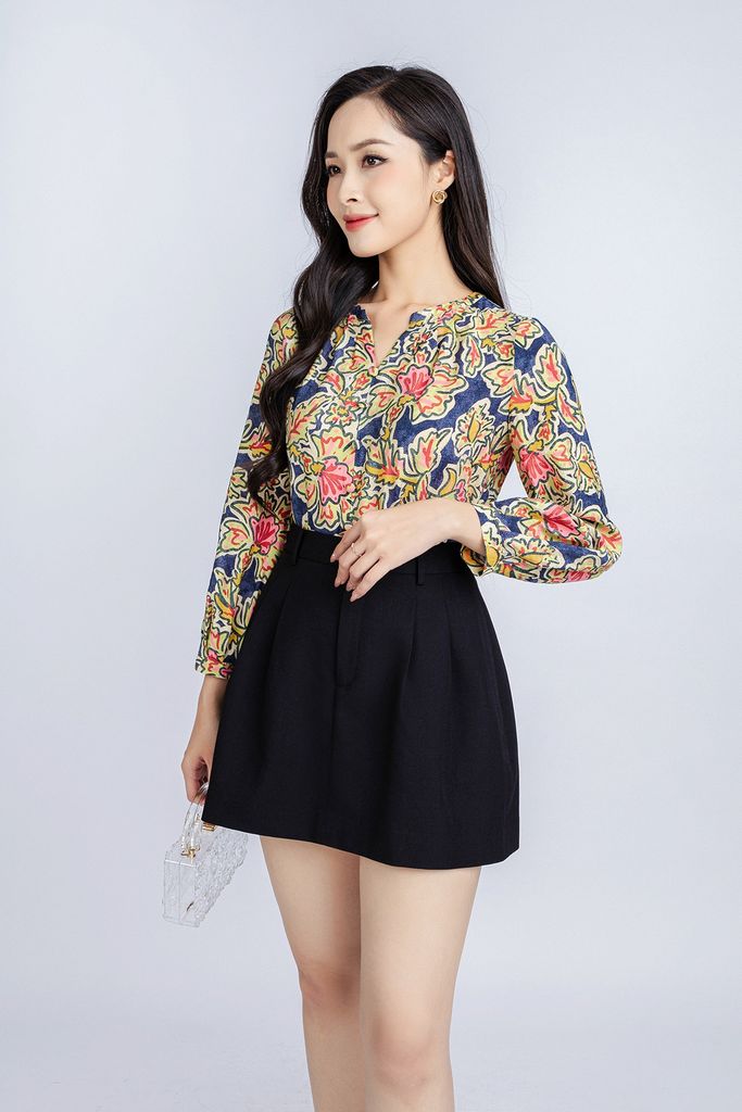 FAS53652 - Áo kiểu công sở vải thô dáng suông cổ tròn xẻ nhún tạo kiểu - PANTIO