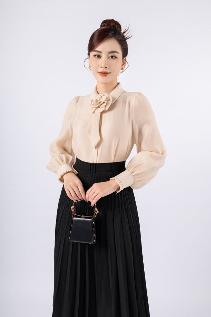 BJD72884 - Chân váy công sở vải tuytsi dáng xòe rập ly vải habutai cạp phối mặt đai thắt lưng tạo kiểu khóa thân sau - PANTIO