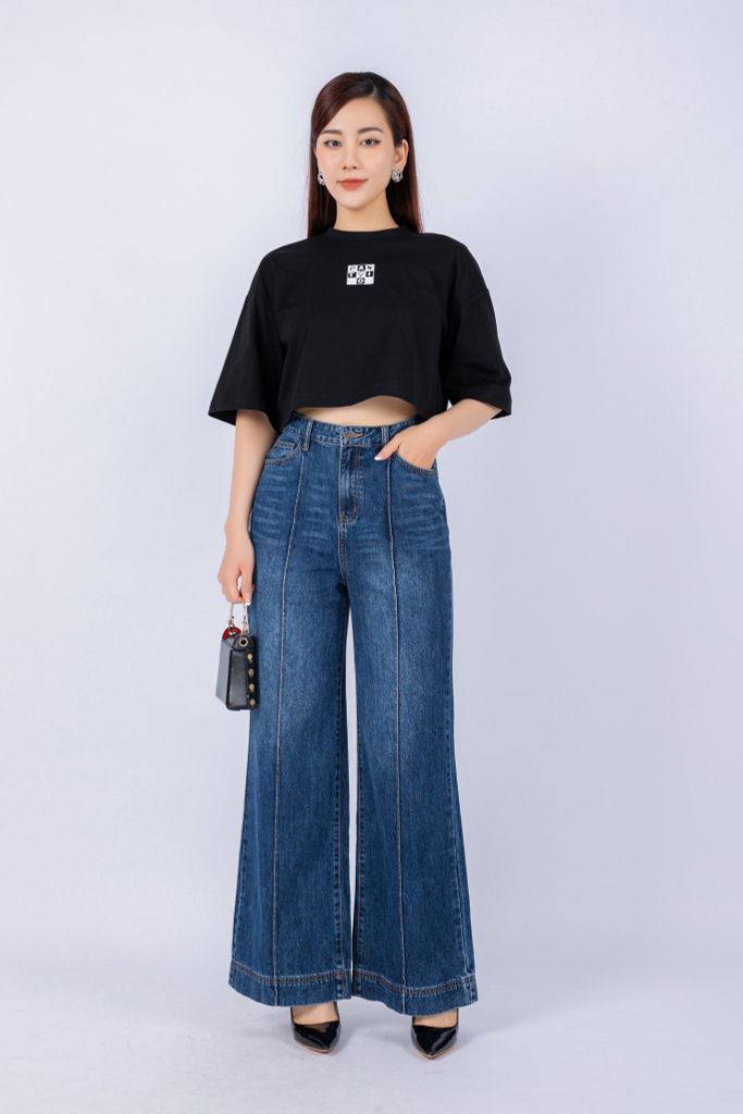 FAT3357 - Áo thun dạo phố vải cotton dáng croptop suông rộng cổ tròn tay lỡ thân ngực phối hình in trang trí - PANTIO