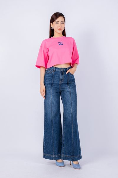 FAT3357 - Áo thun dạo phố vải cotton dáng croptop suông rộng cổ tròn tay lỡ thân ngực phối hình in trang trí - PANTIO