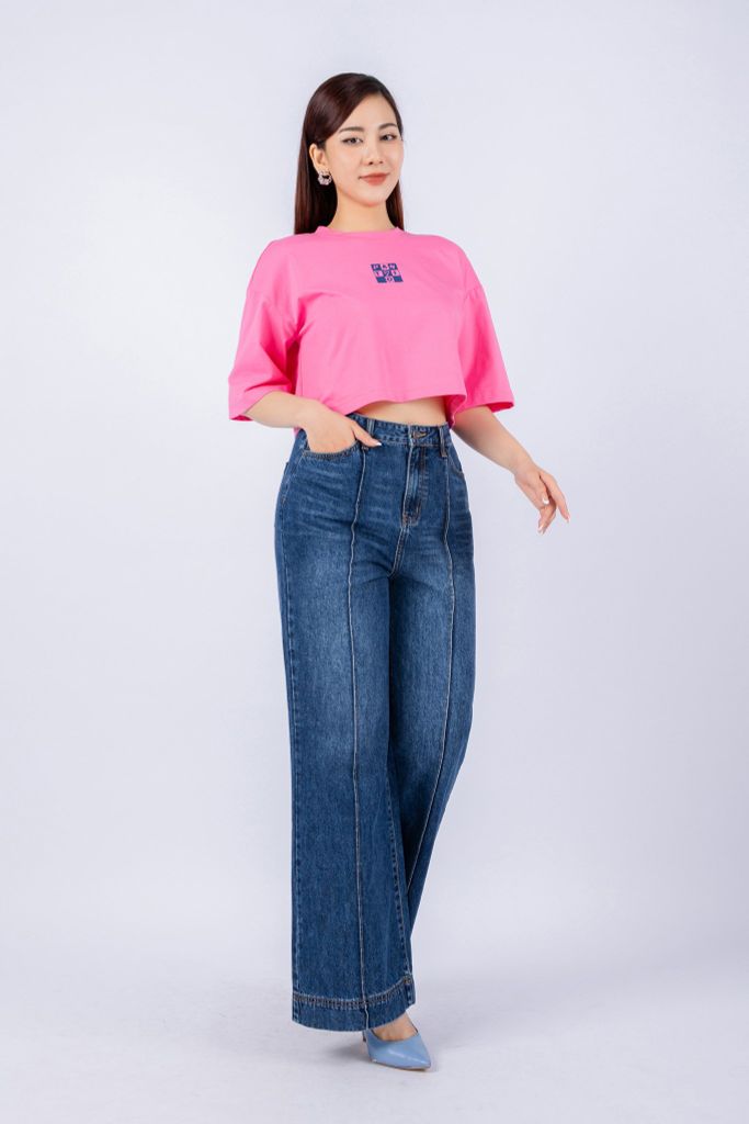 FAT3357 - Áo thun dạo phố vải cotton dáng croptop suông rộng cổ tròn tay lỡ thân ngực phối hình in trang trí - PANTIO