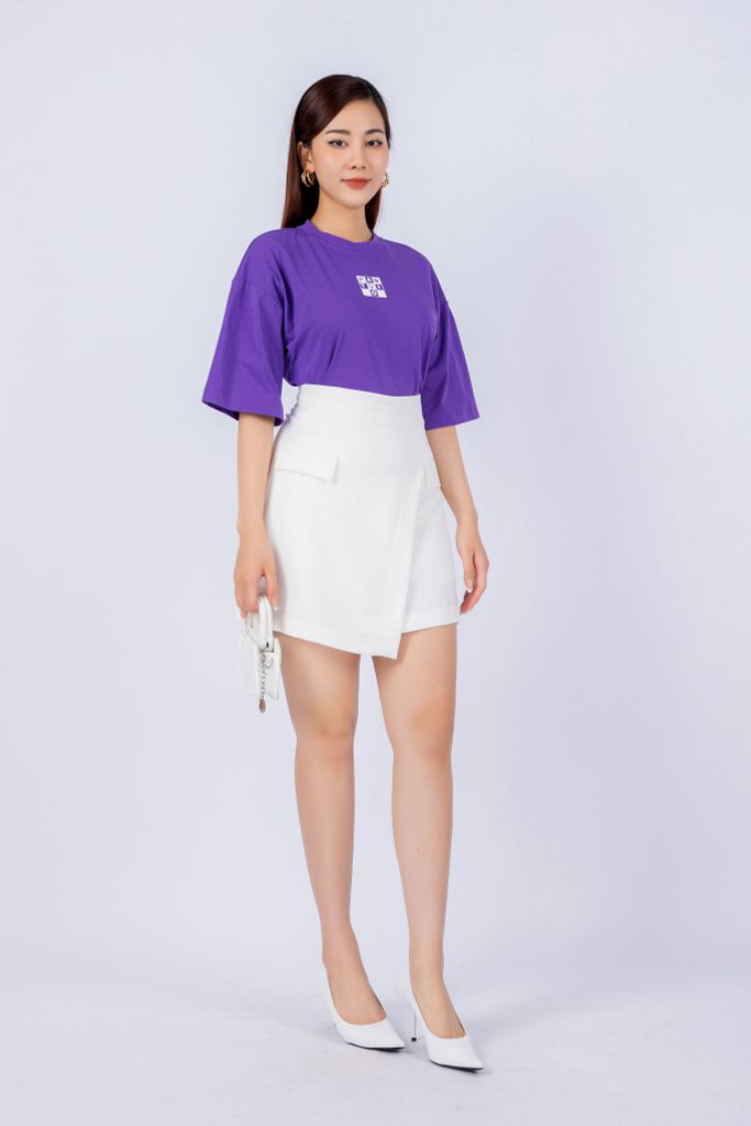 FAT3357 - Áo thun dạo phố vải cotton dáng croptop suông rộng cổ tròn tay lỡ thân ngực phối hình in trang trí - PANTIO