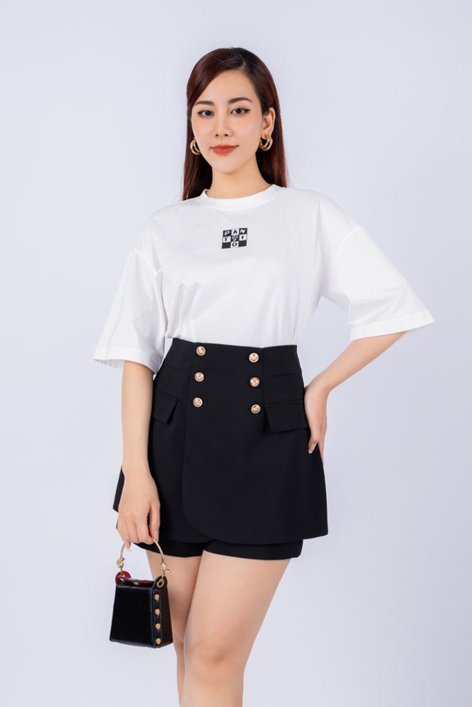 FAT3357 - Áo thun dạo phố vải cotton dáng croptop suông rộng cổ tròn tay lỡ thân ngực phối hình in trang trí - PANTIO