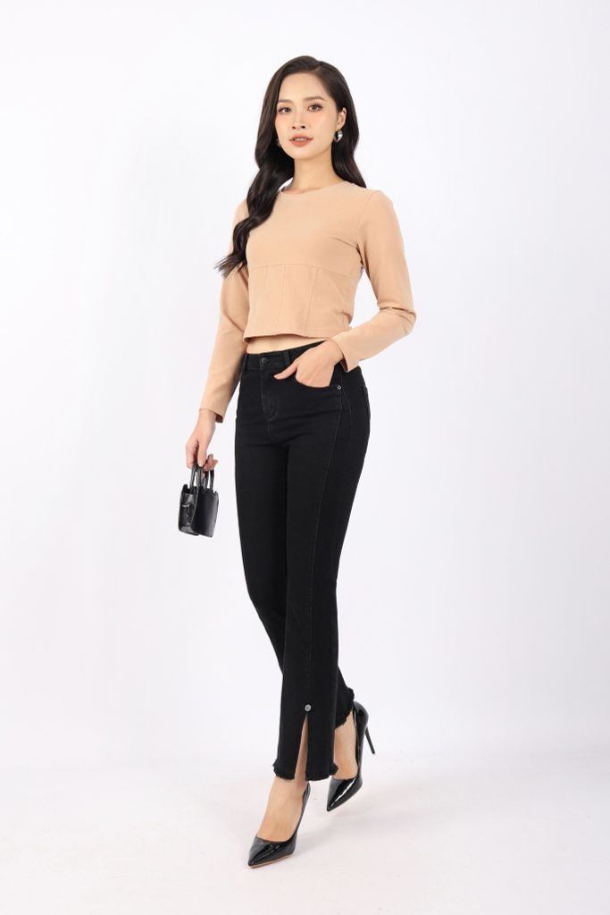 FAT9328 - Áo thun dạo phố vải cotton dáng croptop cổ tròn tay dài trần chỉ tạo kiểu - PANTIO