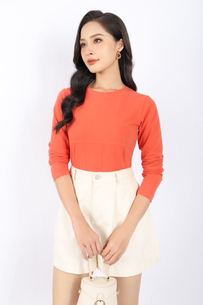 FAT9328 - Áo thun dạo phố vải cotton dáng croptop cổ tròn tay dài trần chỉ tạo kiểu - PANTIO