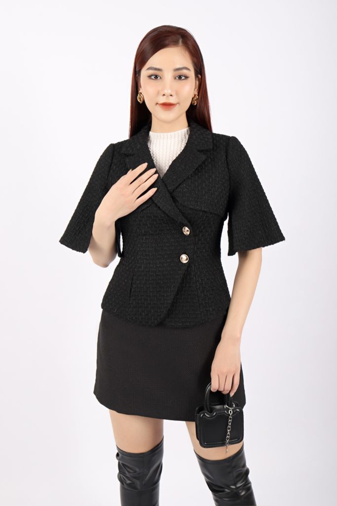 FAV9930 - Áo vest nữ dạo phố vải dạ dáng ôm có lót vải lụa gió cổ hai ve cài cúc lệch tay xẻ tạo kiểu - PANTIO