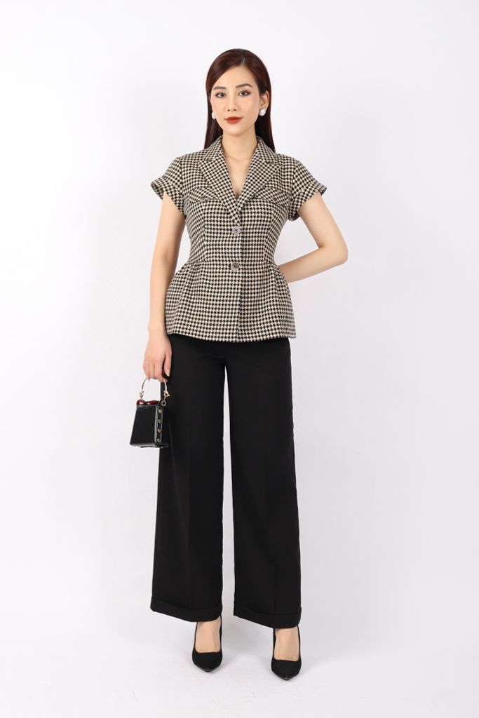 FAV9941 - Áo vest nữ công sở vải dạ dáng ôm có lót vải lụa gió cổ hai ve tay ngắn xếp nhún hai bên hông tạo kiểu - PANTIO