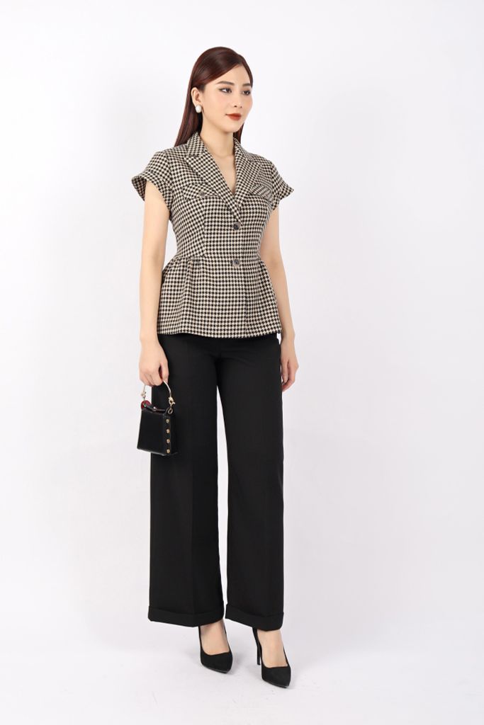 FAV9941 - Áo vest nữ công sở vải dạ dáng ôm có lót vải lụa gió cổ hai ve tay ngắn xếp nhún hai bên hông tạo kiểu - PANTIO