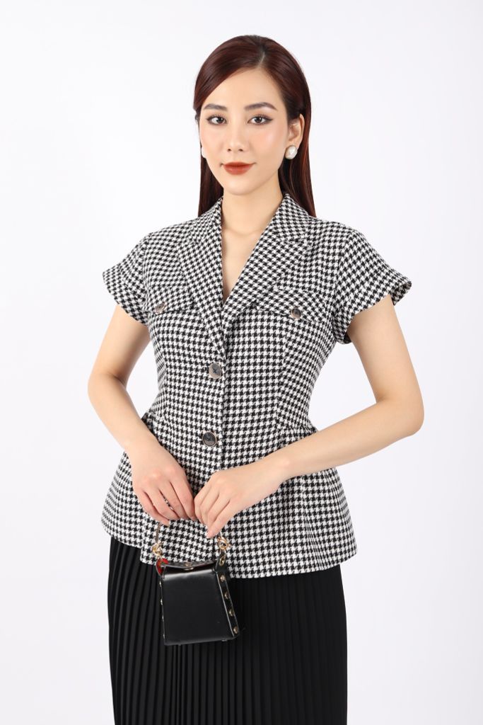 FAV9941 - Áo vest nữ công sở vải dạ dáng ôm có lót vải lụa gió cổ hai ve tay ngắn xếp nhún hai bên hông tạo kiểu - PANTIO