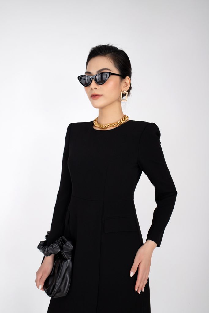 FDC13318 - Đầm công sở chất liệu vải thô dáng chữ A cổ tròn dài tay - PANTIO