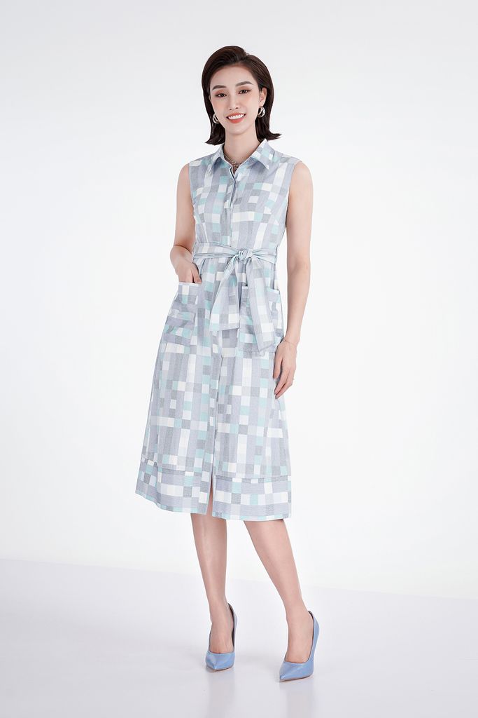 FDC33208 - Đầm công sở họa tiết chất liệu linen cổ đức đai eo - PANTIO