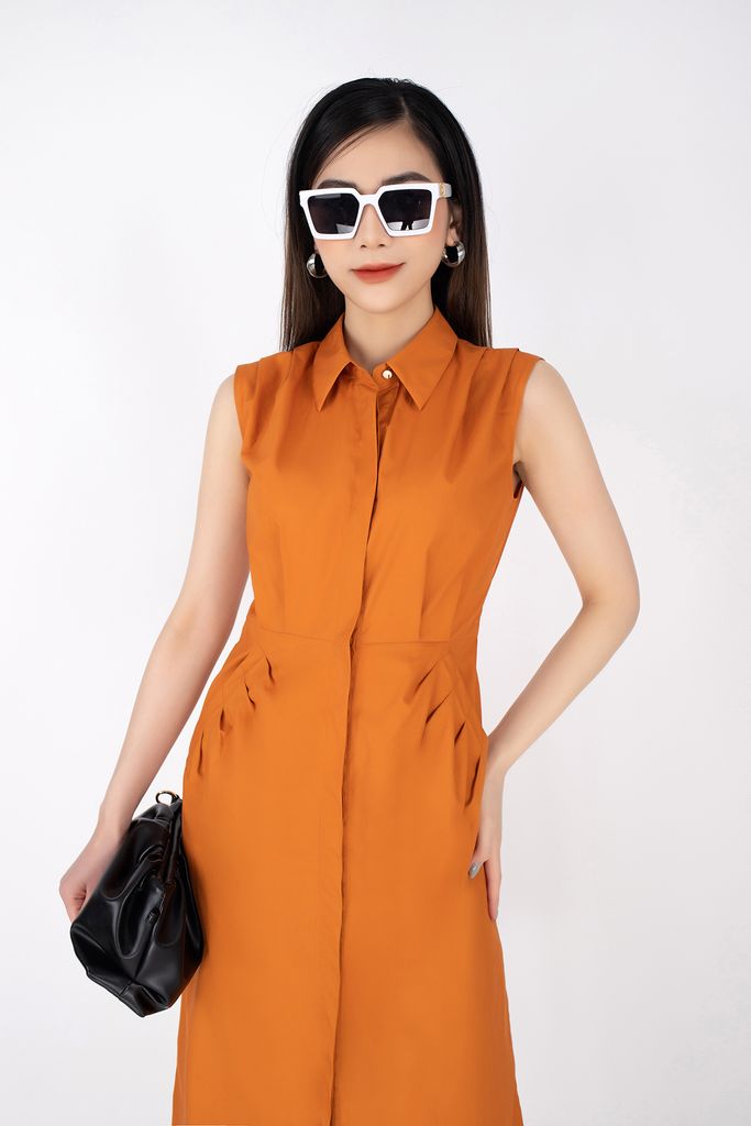 FDC33361 - Đầm công sở vải thô dáng A cổ đức cầu vai và túi xếp mí trang trí - PANTIO