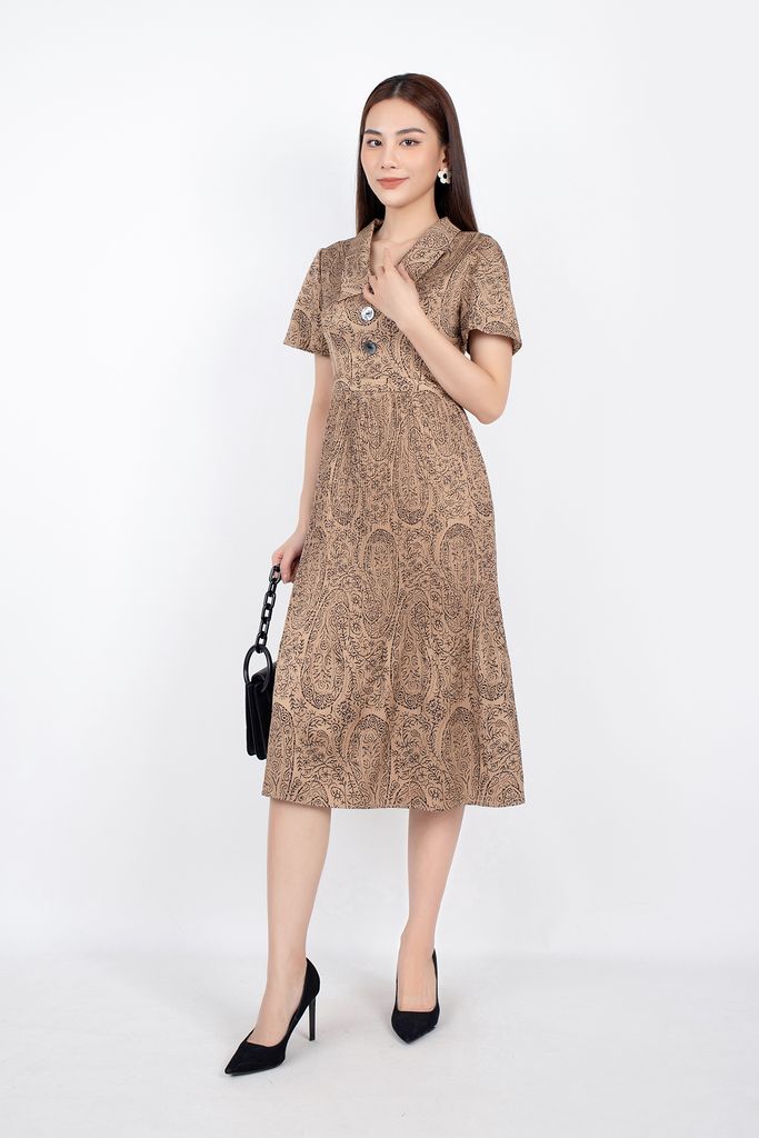 FDC33367 - Đầm công sở vải lụa dáng xòe cổ đức đính khuy trang trí chân váy rập ly - PANTIO