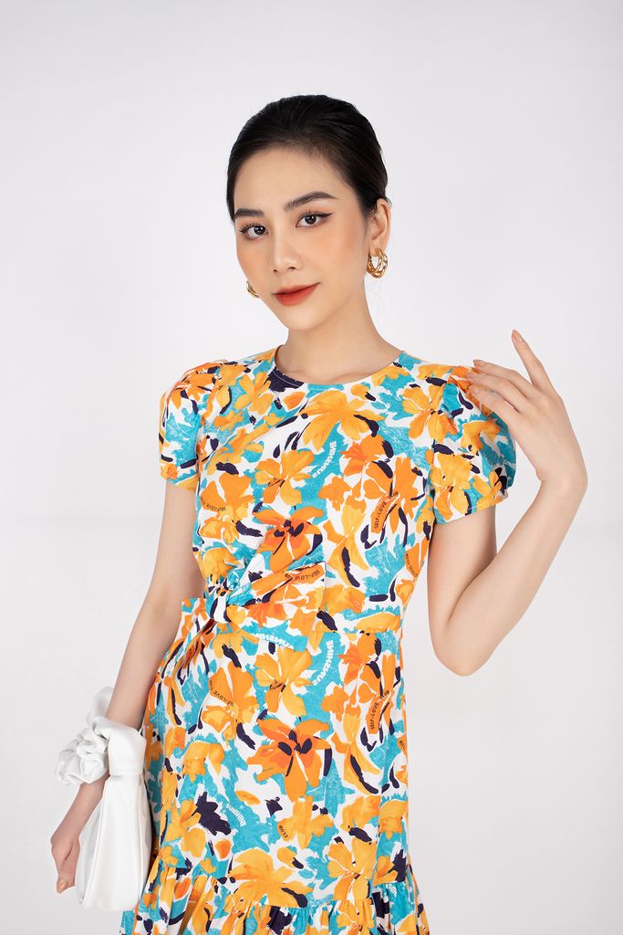 FDC33405 - Đầm công sở vải thô dáng xòe xếp nếp bên hông gắn nơ trang trí - PANTIO