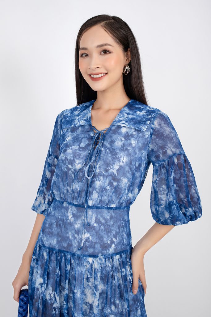FDC33407 - Đầm công sở vải lụa voan dáng xòe cổ bẻ bản to đan dây tay lỡ bồng hạ dún ngang hông - PANTIO