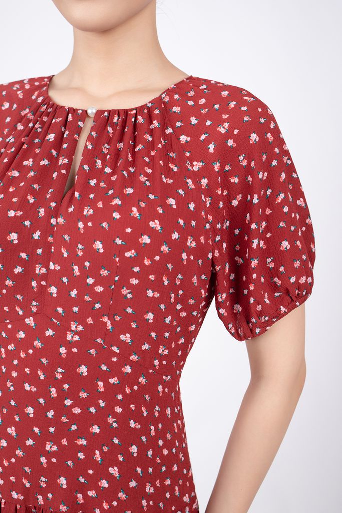 FDC33414 - Đầm công sở vải chiffon dáng xòe cổ tròn xẻ cài khuy tay giác lăng chân váy xếp tầng - PANTIO