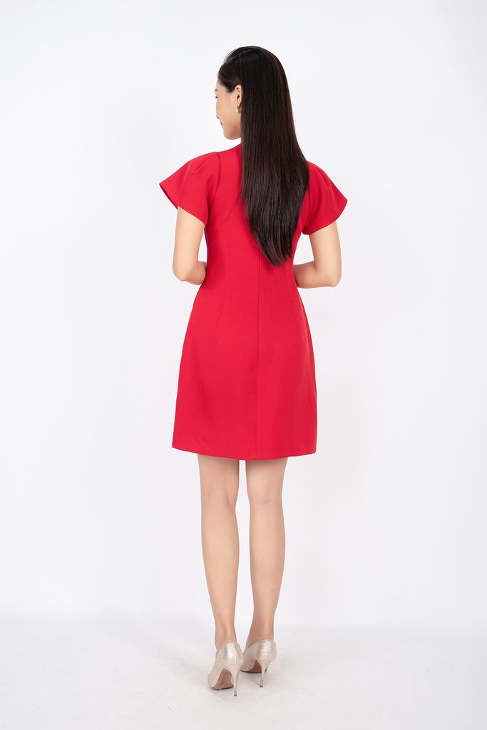 FDC33415 - Đầm công sở vải thô dáng A tay kiểu thân váy trang trí nắp túi đính ngọc trai - PANTIO