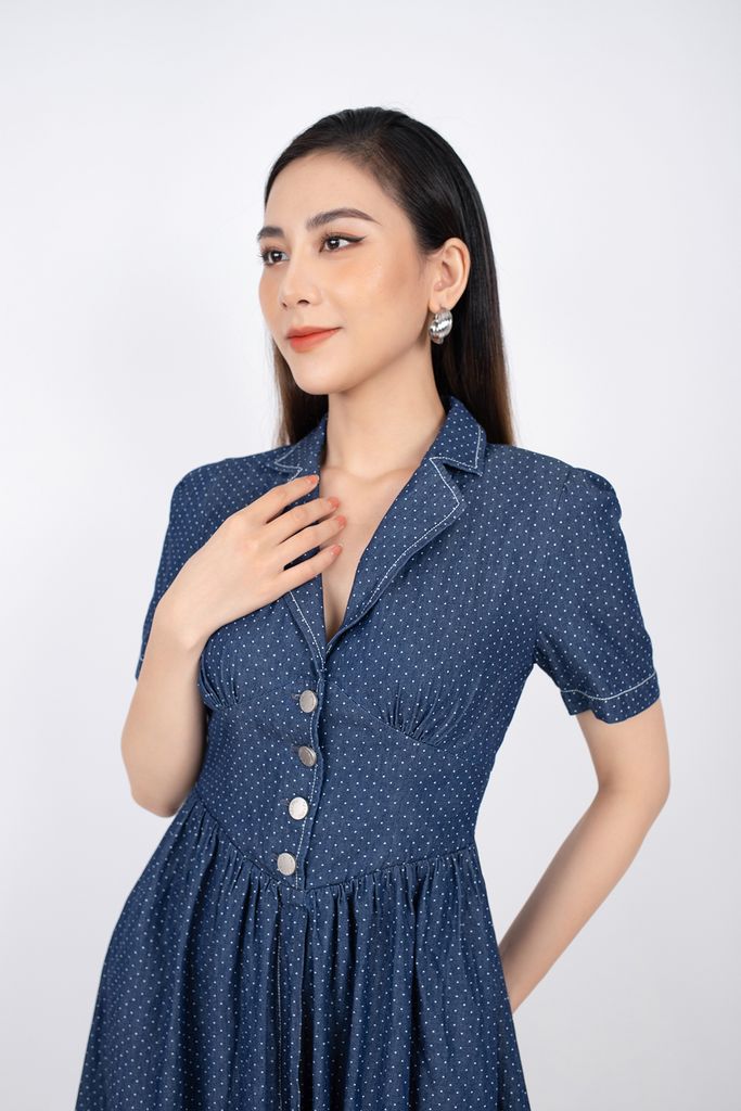 FDC33425 - Đầm công sở vải denim dáng xòe eo can đính khuy bấm thân sau xẻ V - PANTIO