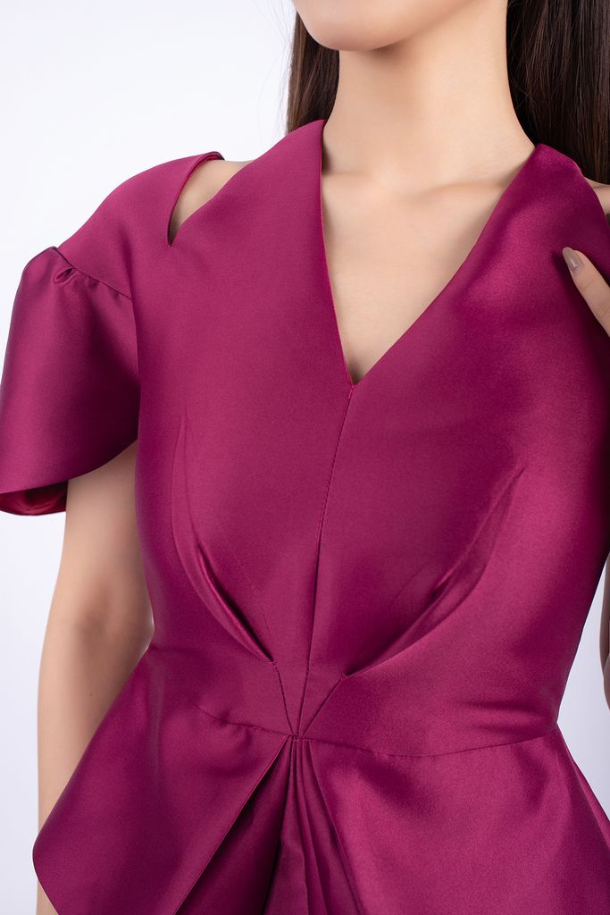 FDC33444 - Đầm dự tiệc vải tafta dáng ôm thân trên peplum xếp nếp cổ V cut- PANTIO