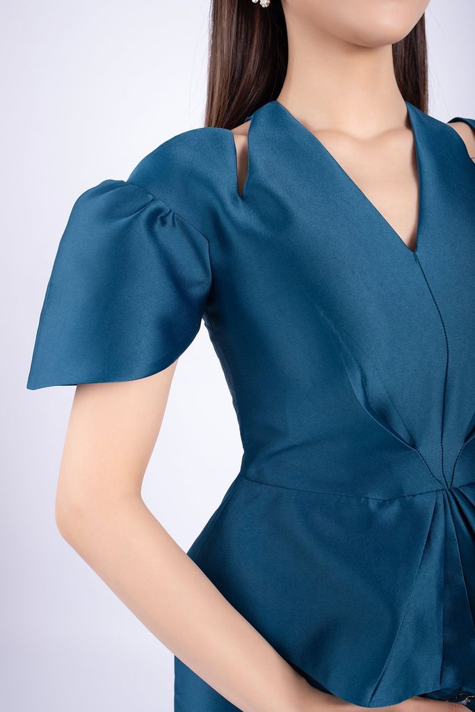 FDC33444 - Đầm dự tiệc vải tafta dáng ôm thân trên peplum xếp nếp cổ V cut- PANTIO