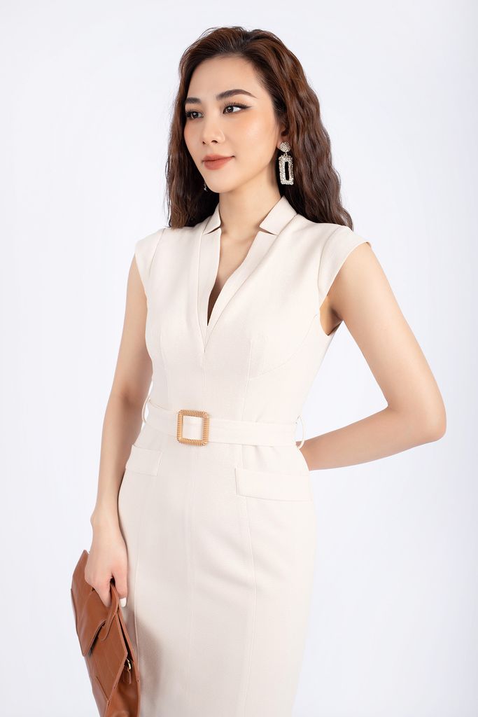 FDC33703 - Đầm công sở vải phi cát dáng ôm cổ V vai chờm kèm đai thắt lưng tạo kiểu khóa thân sau - PANTIO