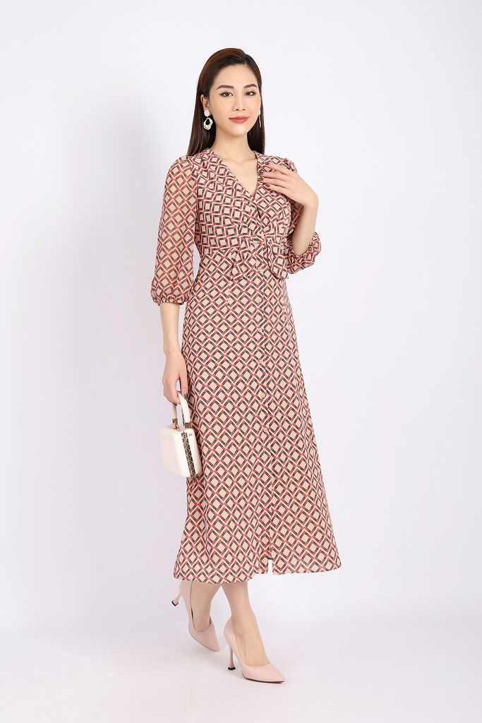 FDC33704 - Đầm công sở vải chiffon dáng A cổ V tay lỡ bồng nhẹ ngực tạo kiểu khóa thân sau - PANTIO